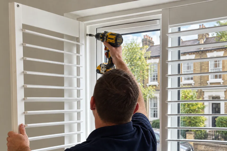 Carpenter using a cordless drill to secure a white shutter frame, with London terraces outside