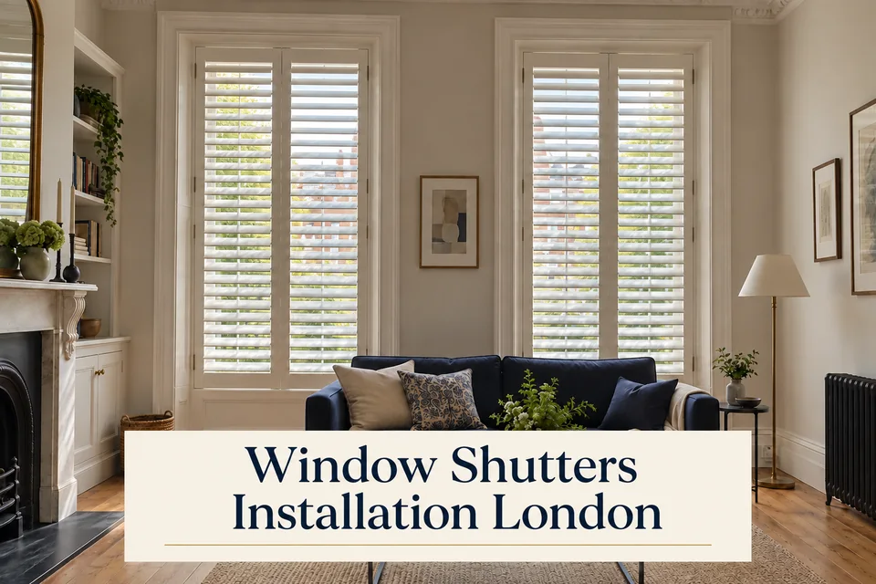 White full-height shutters in a cream living room, with the caption Window Shutters Installation London