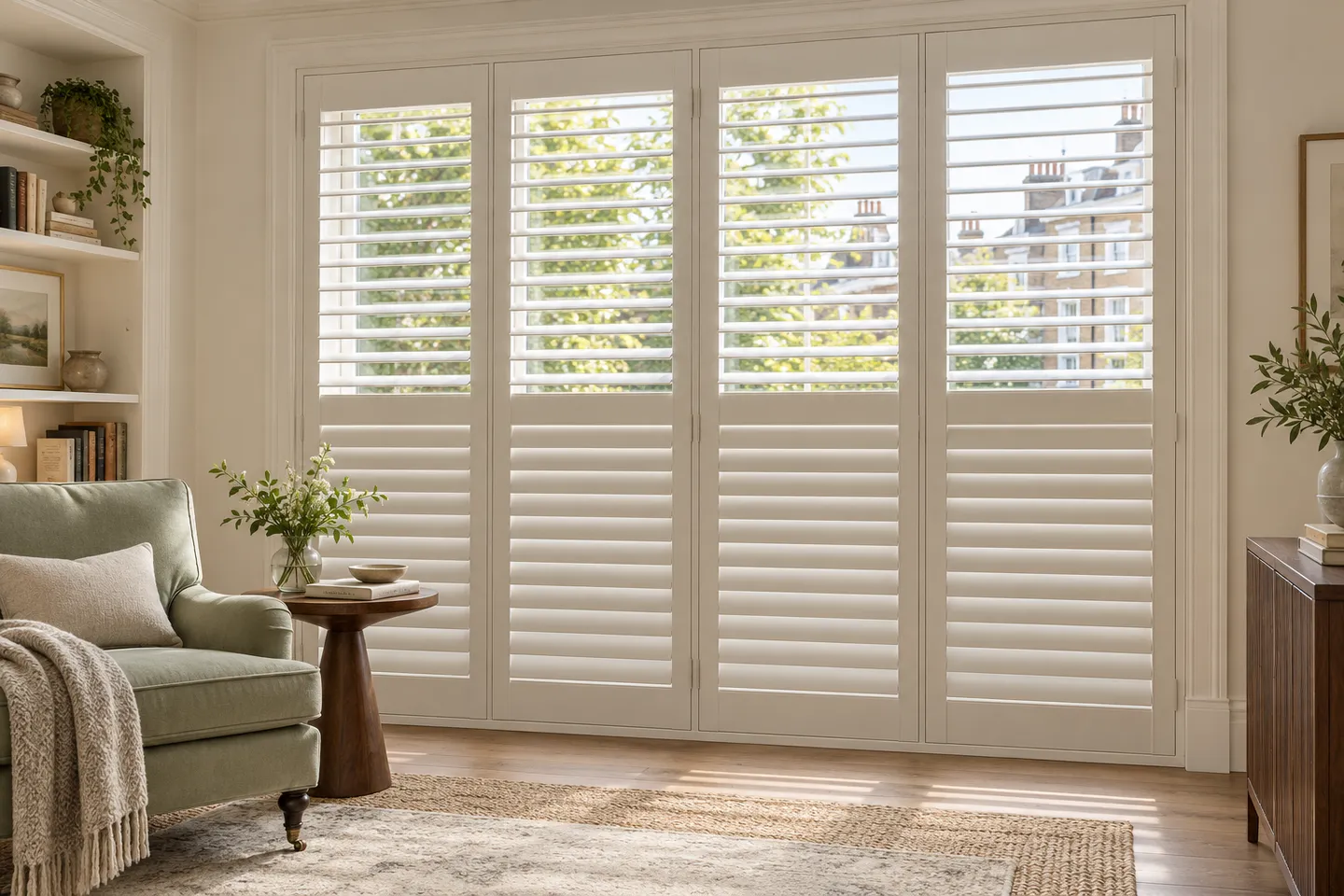 Tall white full height shutters with upper louvres open and lower louvres closed beside a sage armchair
