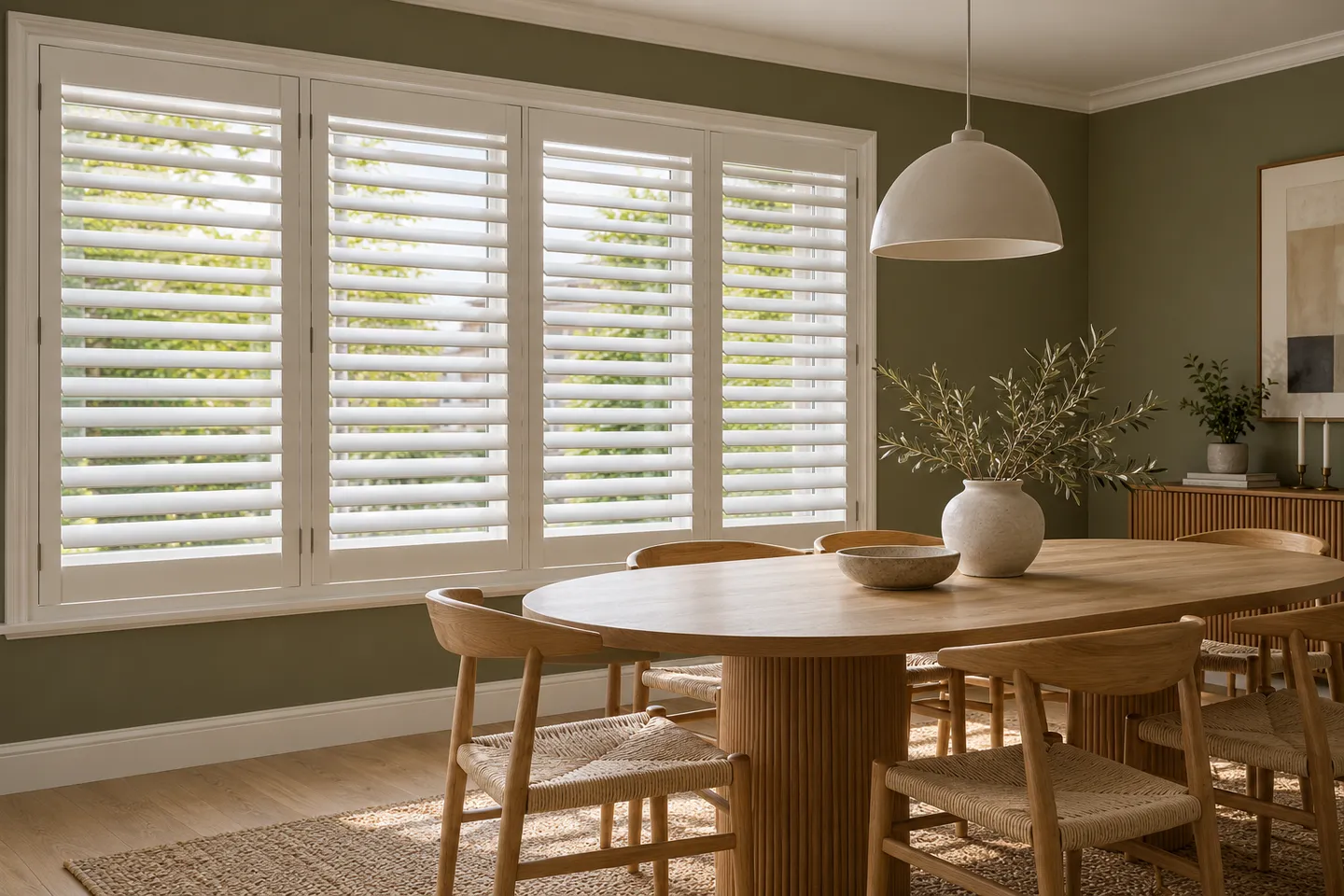 Four white plantation shutter panels across a wide dining-room window beside an oval oak table