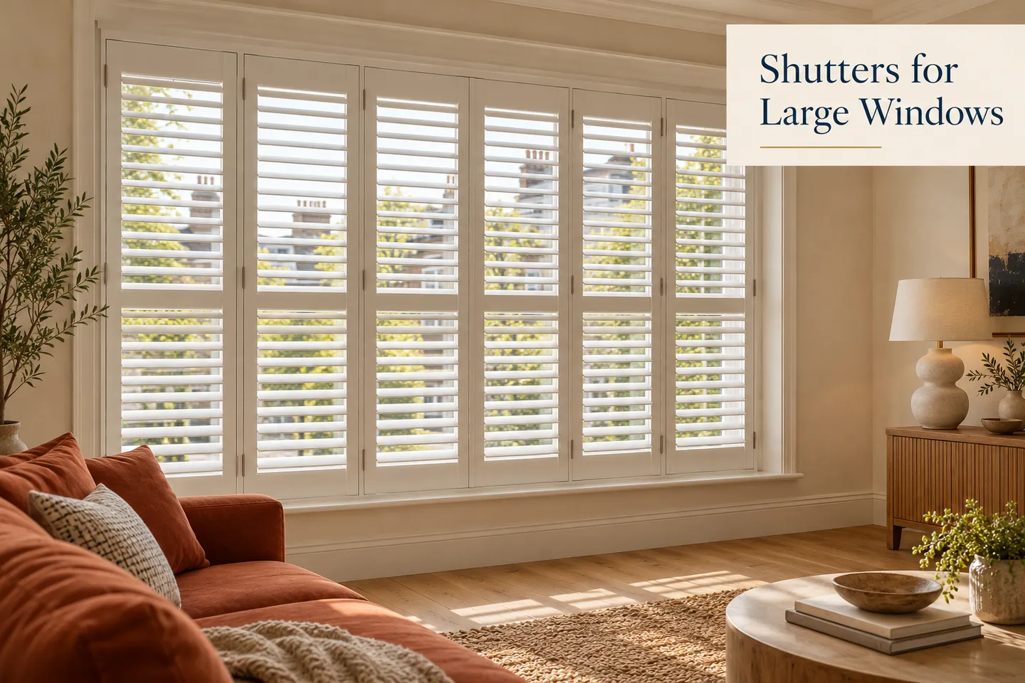 Six white shutter panels across a wide living-room window, with a Shutters for Large Windows title panel
