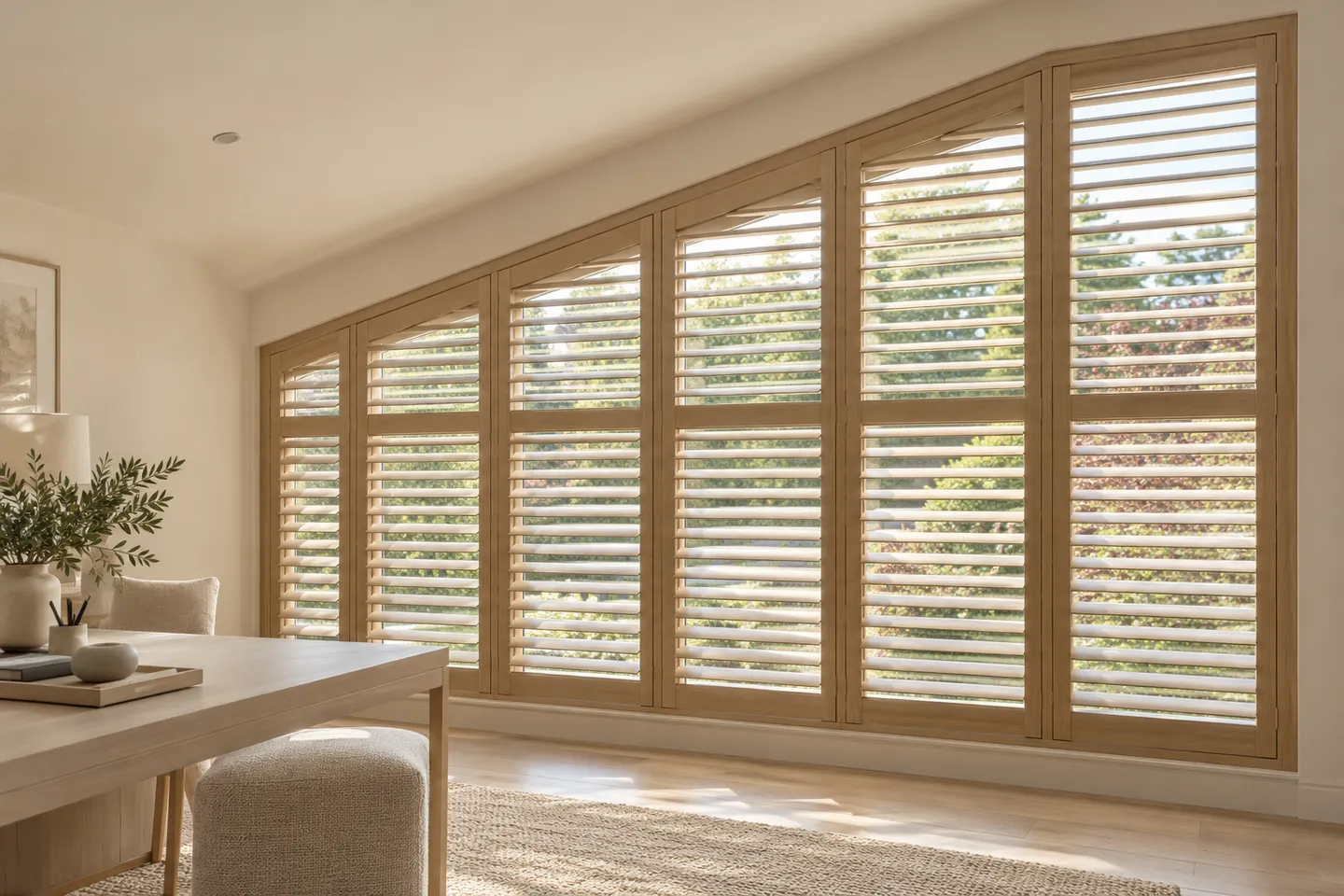 Natural timber shutters following a large sloping-top loft window above a pale desk