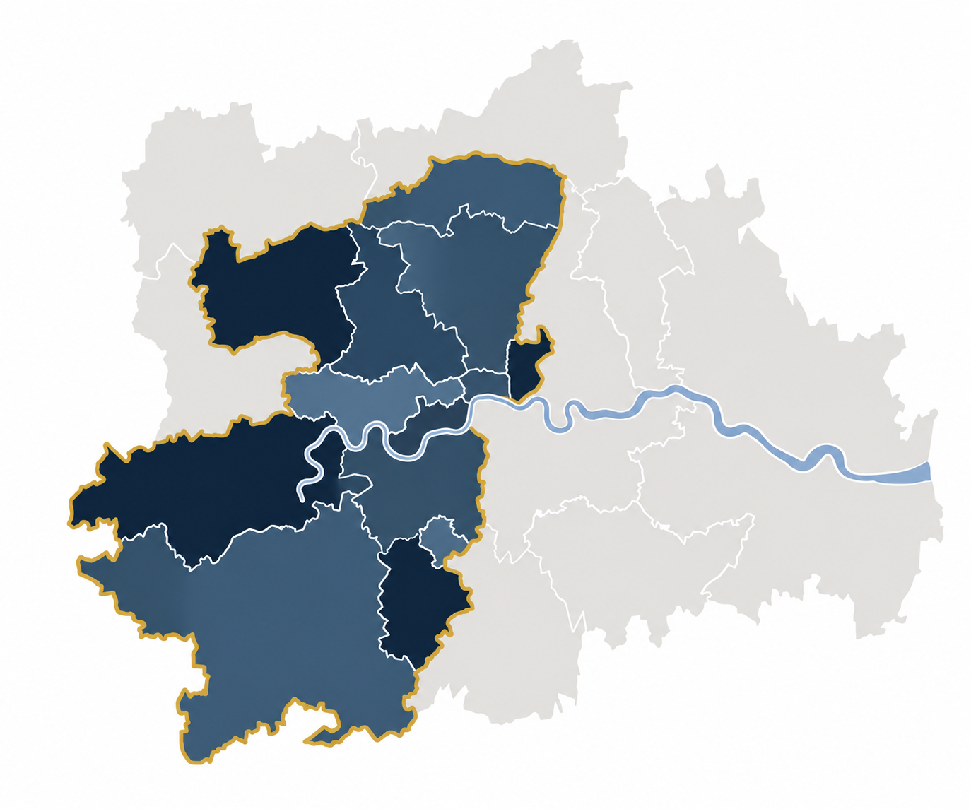 Illustrative map of London and surrounding areas with north, west and south-west coverage highlighted in navy and gold