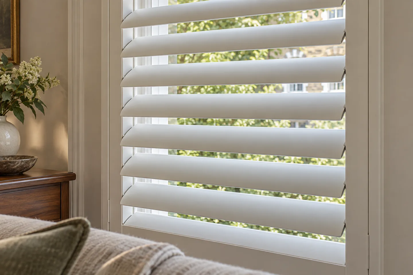 Wide white plantation shutter louvres tilted open inside a rigid panel frame