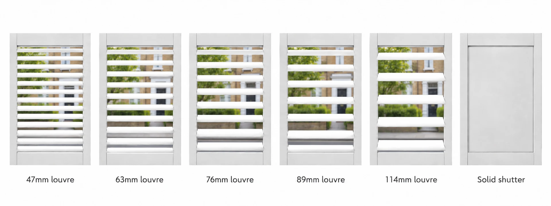 Side-by-side shutter illustrations labelled 47mm, 63mm, 76mm, 89mm and 114mm louvre, followed by a solid shutter panel