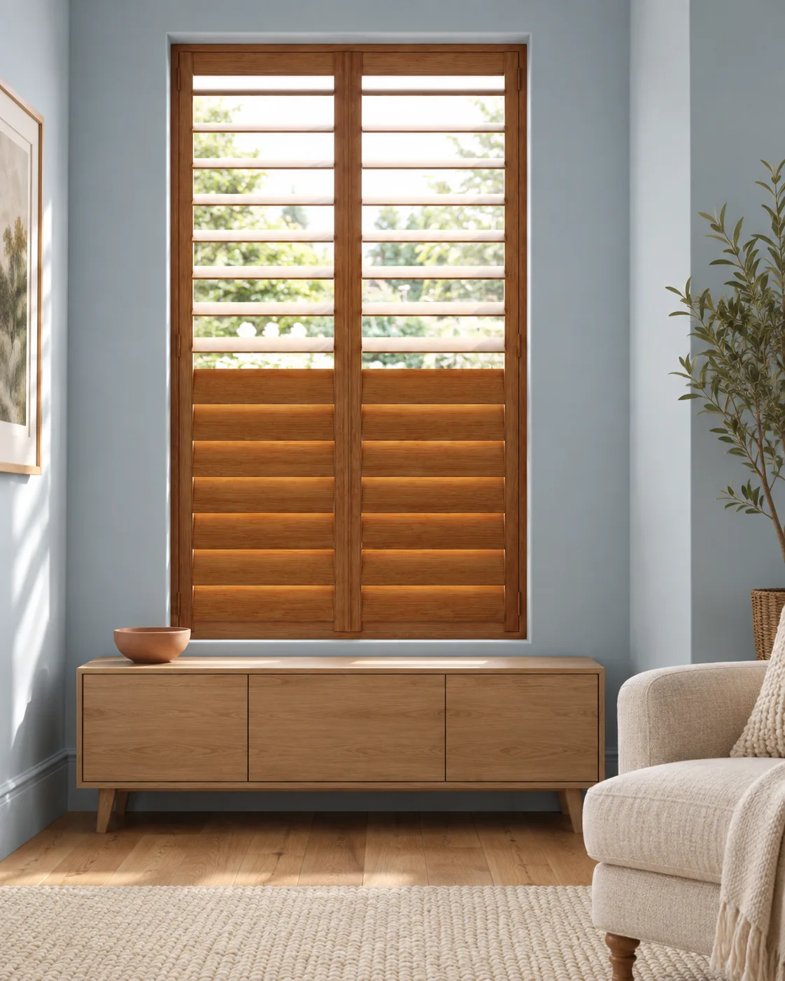 Full height shutters London — independent upper and lower louvre control Timber full height shutters with upper louvres open and lower louvres closed, illustrating split tilt for London homes