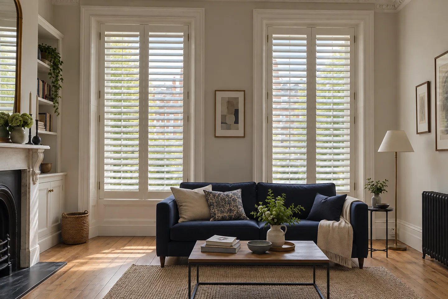 White full height shutters on tall sash windows in a sitting room