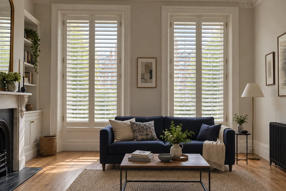 Sash window shutters London White full-height plantation shutters on two tall sash windows in a living room