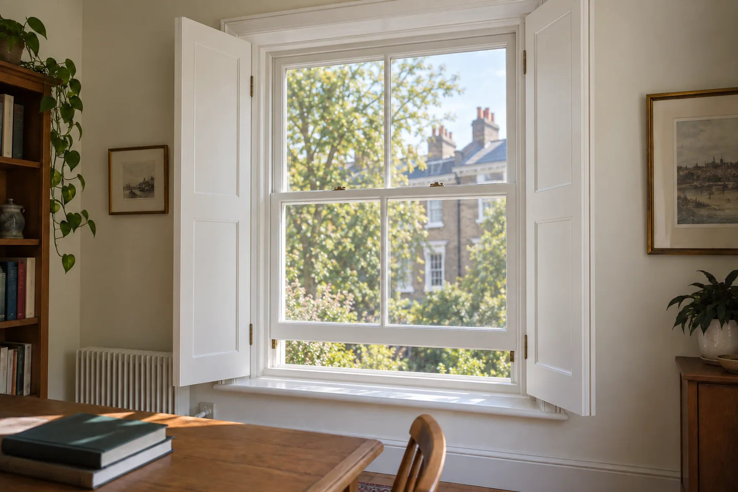 Open solid wooden shutter panels beside a sash window