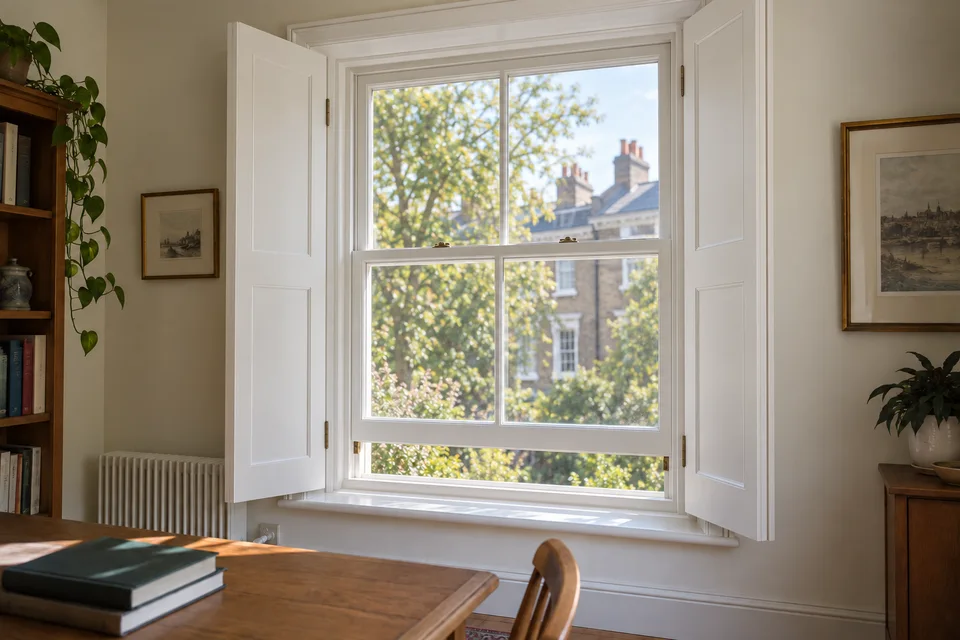 Solid wooden shutters for Georgian sash windows Both solid wooden shutters open beside a sash window with its lower sash partly raised