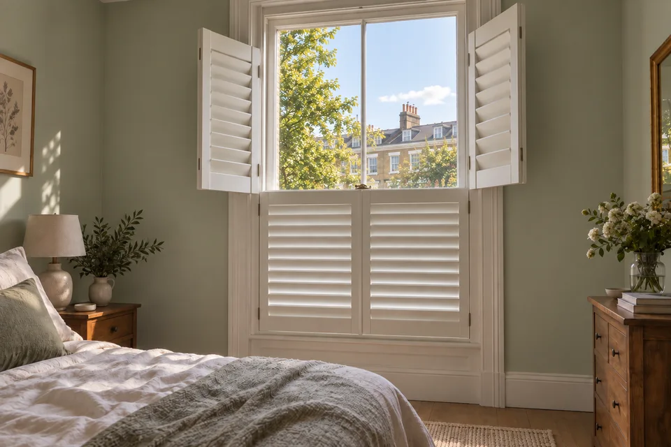 Tier on tier shutters with the upper panels open and lower panels closed on a bedroom sash window