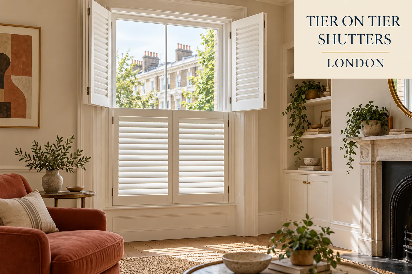 White tier on tier shutters with upper doors open and lower doors closed beside a terracotta chair, with a Tier on Tier Shutters London title panel