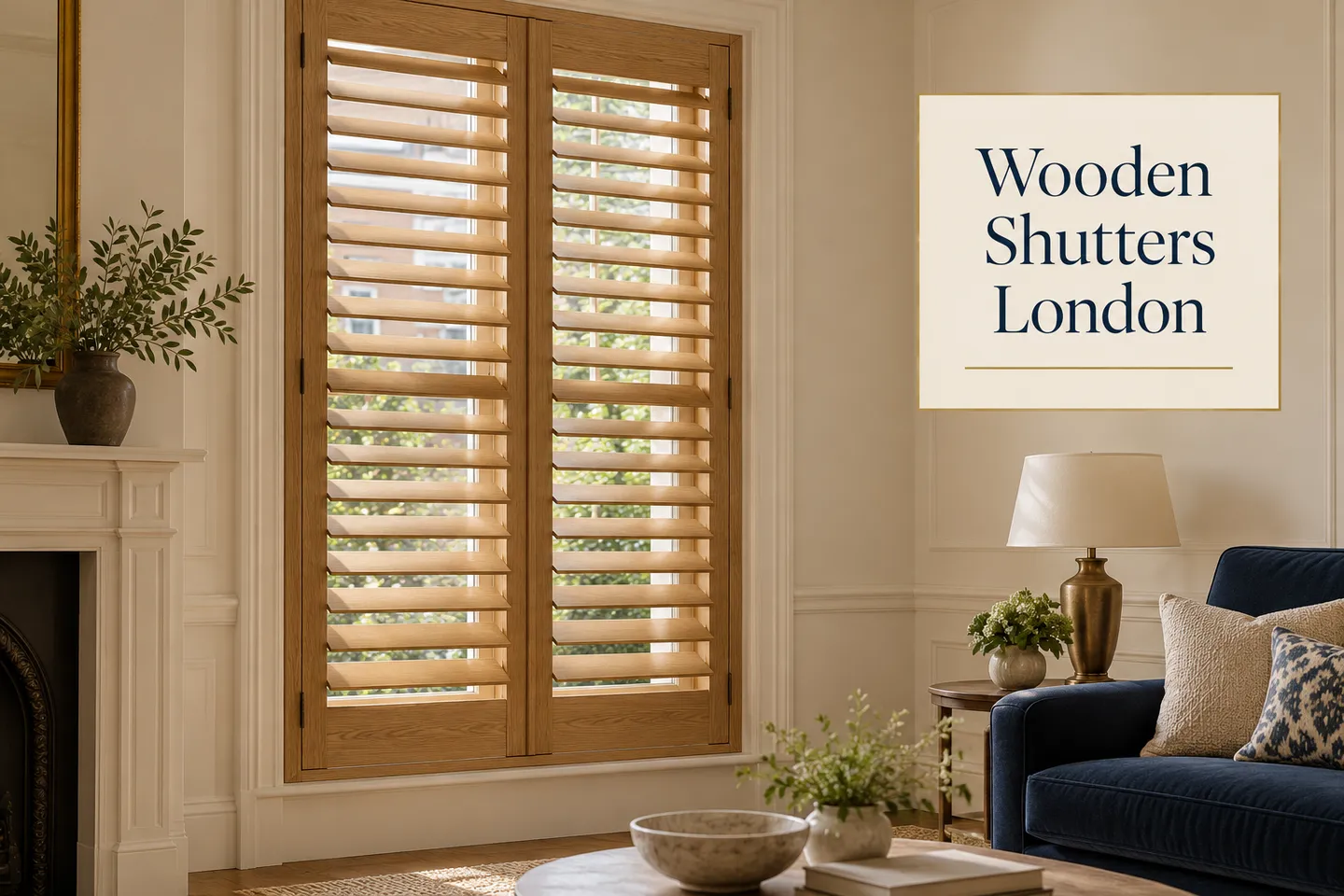 Wooden shutters London — sitting-room design inspiration Natural timber plantation shutters beside a navy armchair, with a Wooden Shutters London title panel
